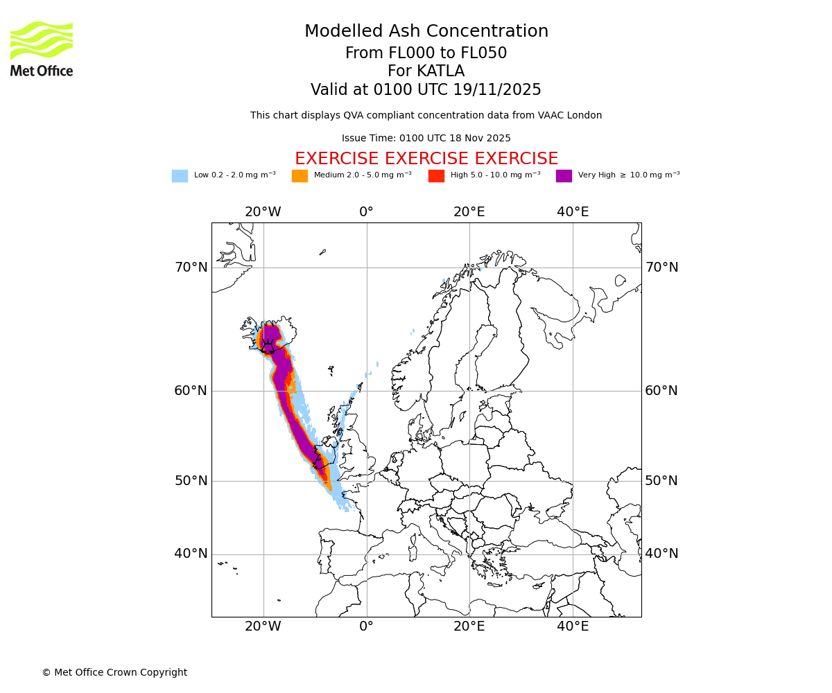 Modelled ash concentration from 000 to 050 for KATLA. Valid at 0100 UTC 19/11/2025