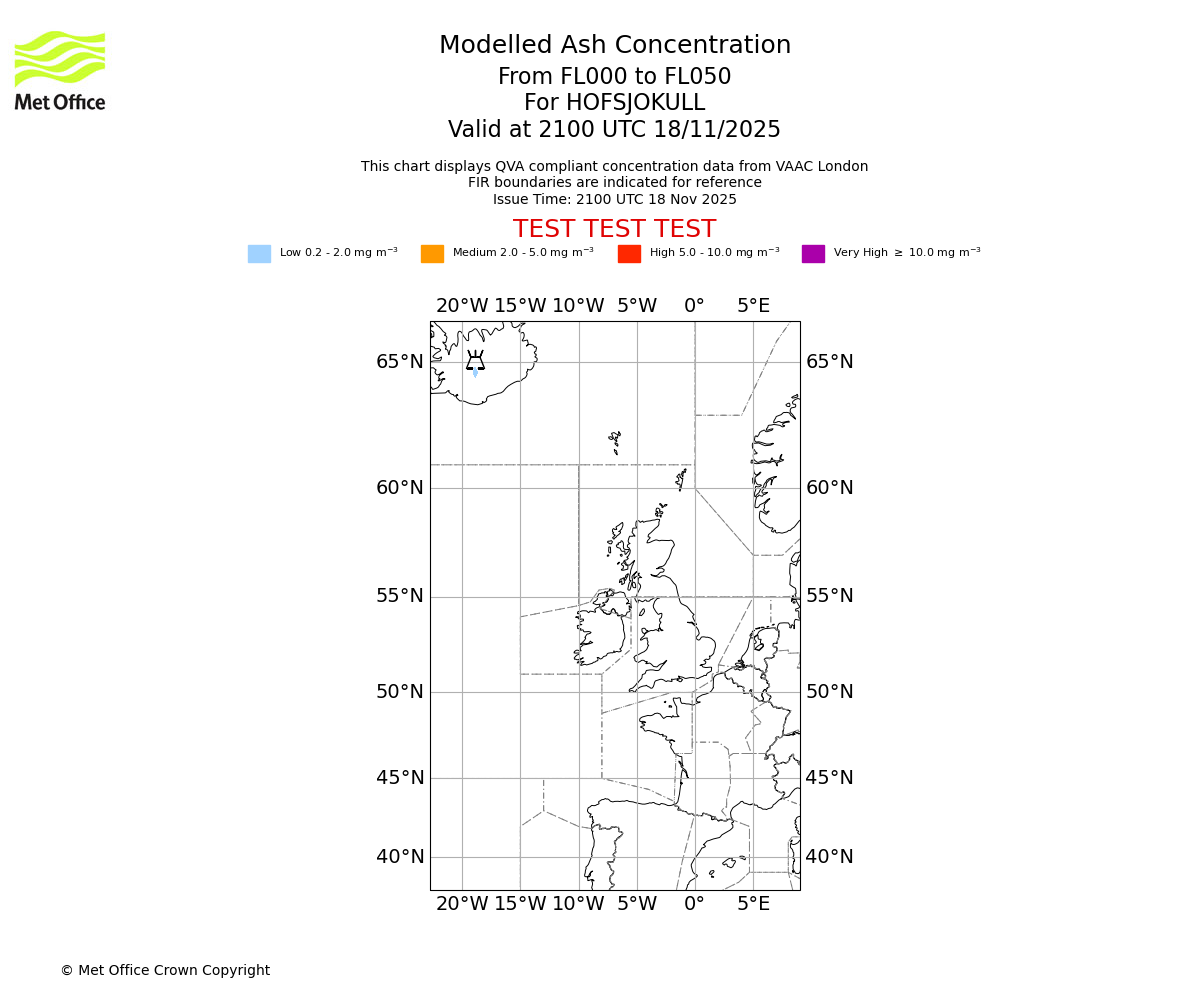 Modelled ash concentration from 000 to 050 for HOFSJOKULL. Valid at 2100 UTC 18/11/2025