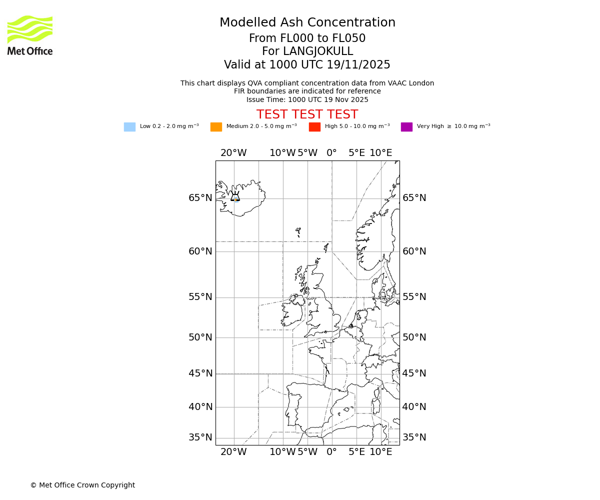 Modelled ash concentration from 000 to 050 for LANGJOKULL. Valid at 1000 UTC 19/11/2025