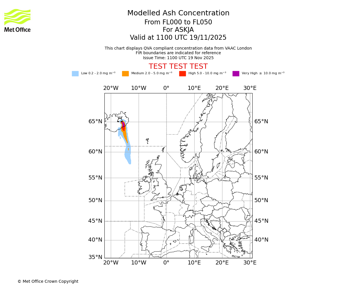 Modelled ash concentration from 000 to 050 for ASKJA. Valid at 1100 UTC 19/11/2025