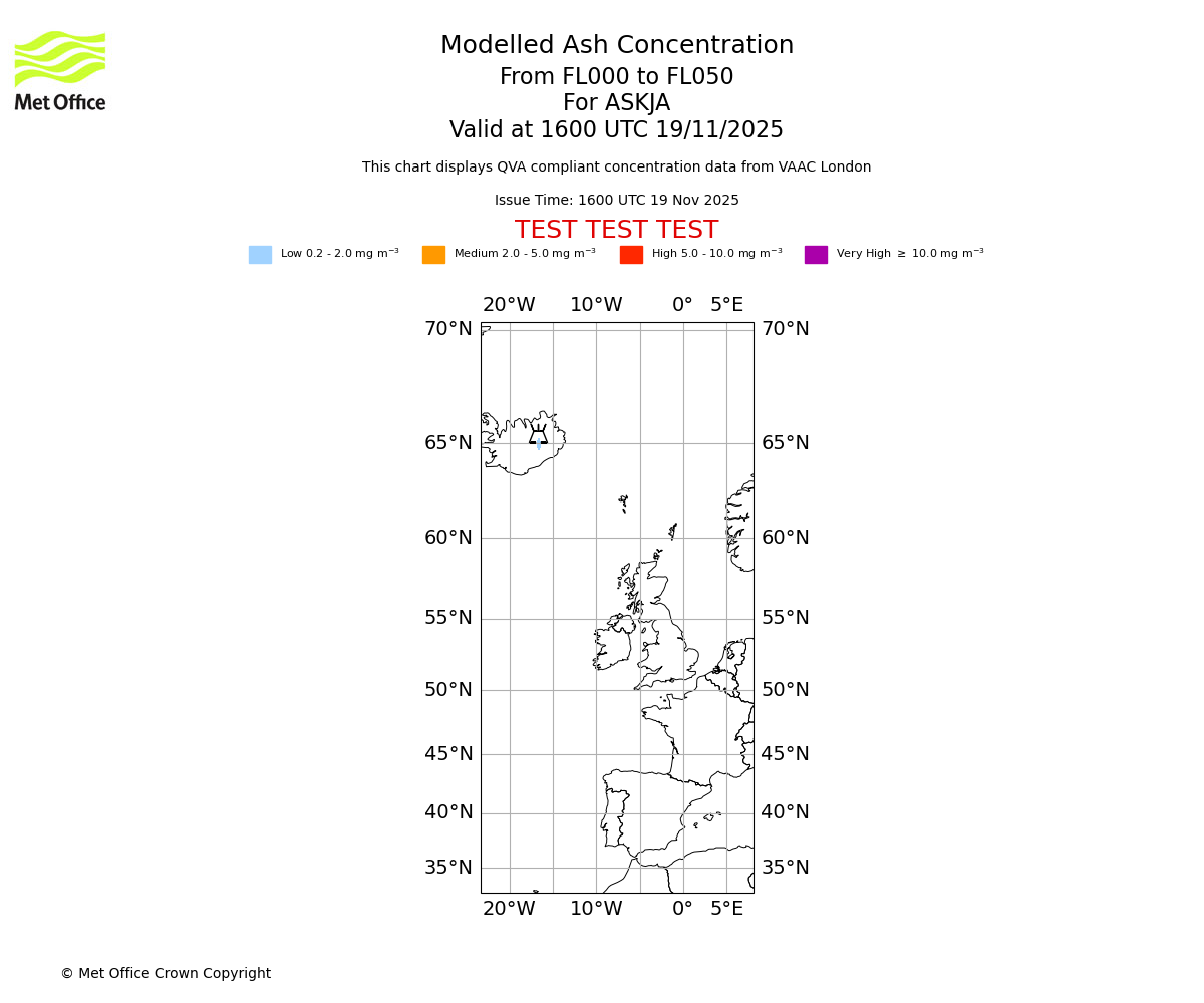 Modelled ash concentration from 000 to 050 for ASKJA. Valid at 1600 UTC 19/11/2025