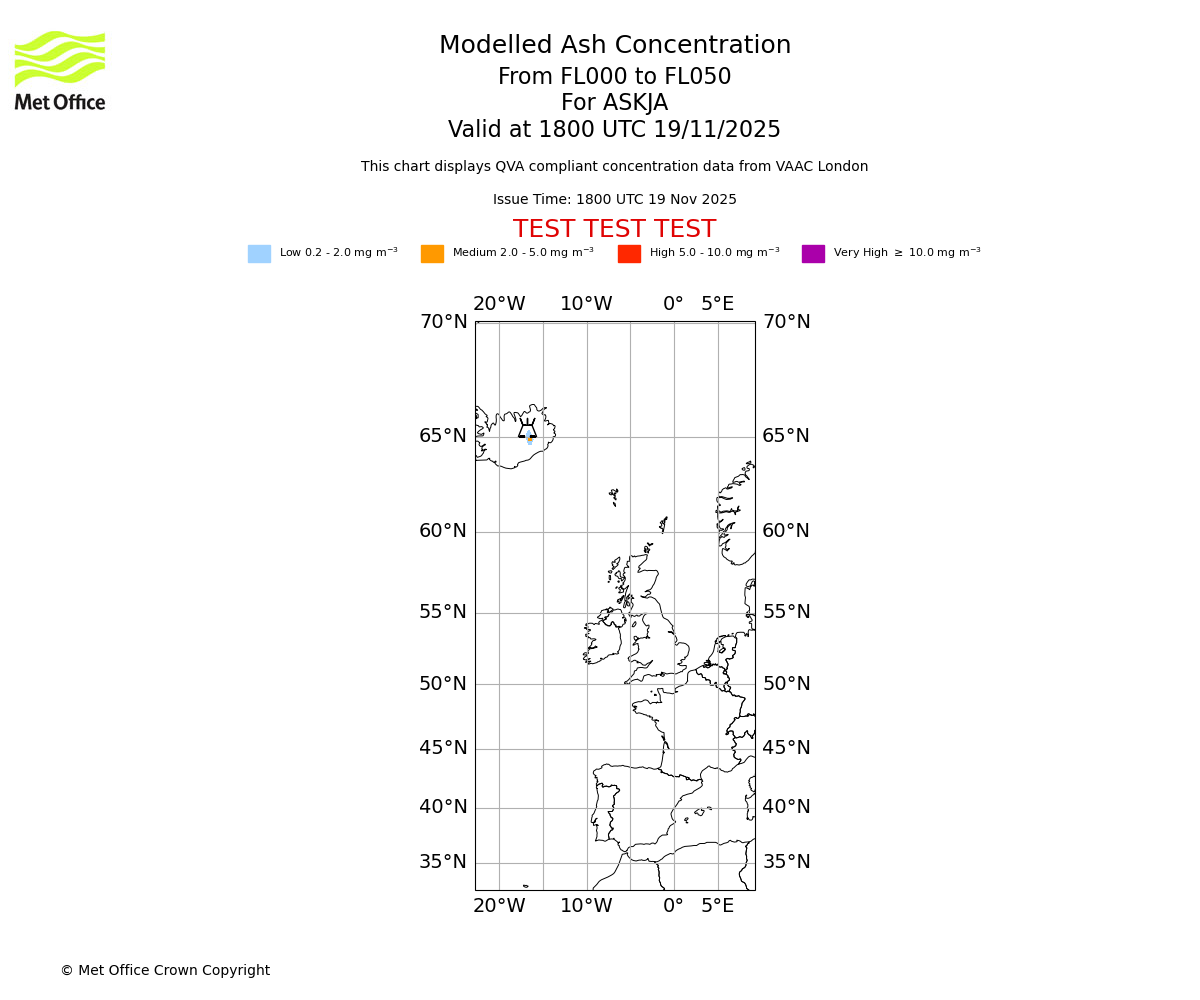 Modelled ash concentration from 000 to 050 for ASKJA. Valid at 1800 UTC 19/11/2025