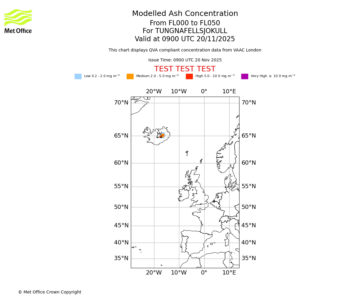 Modelled ash concentration from 000 to 050 for TUNGNAFELLSJOKULL. Valid at 0900 UTC 20/11/2025
