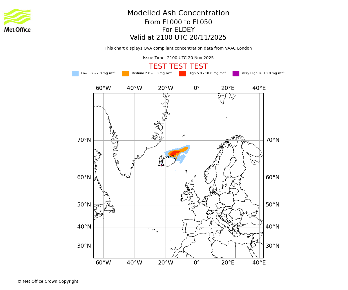 Modelled ash concentration from 000 to 050 for ELDEY. Valid at 2100 UTC 20/11/2025