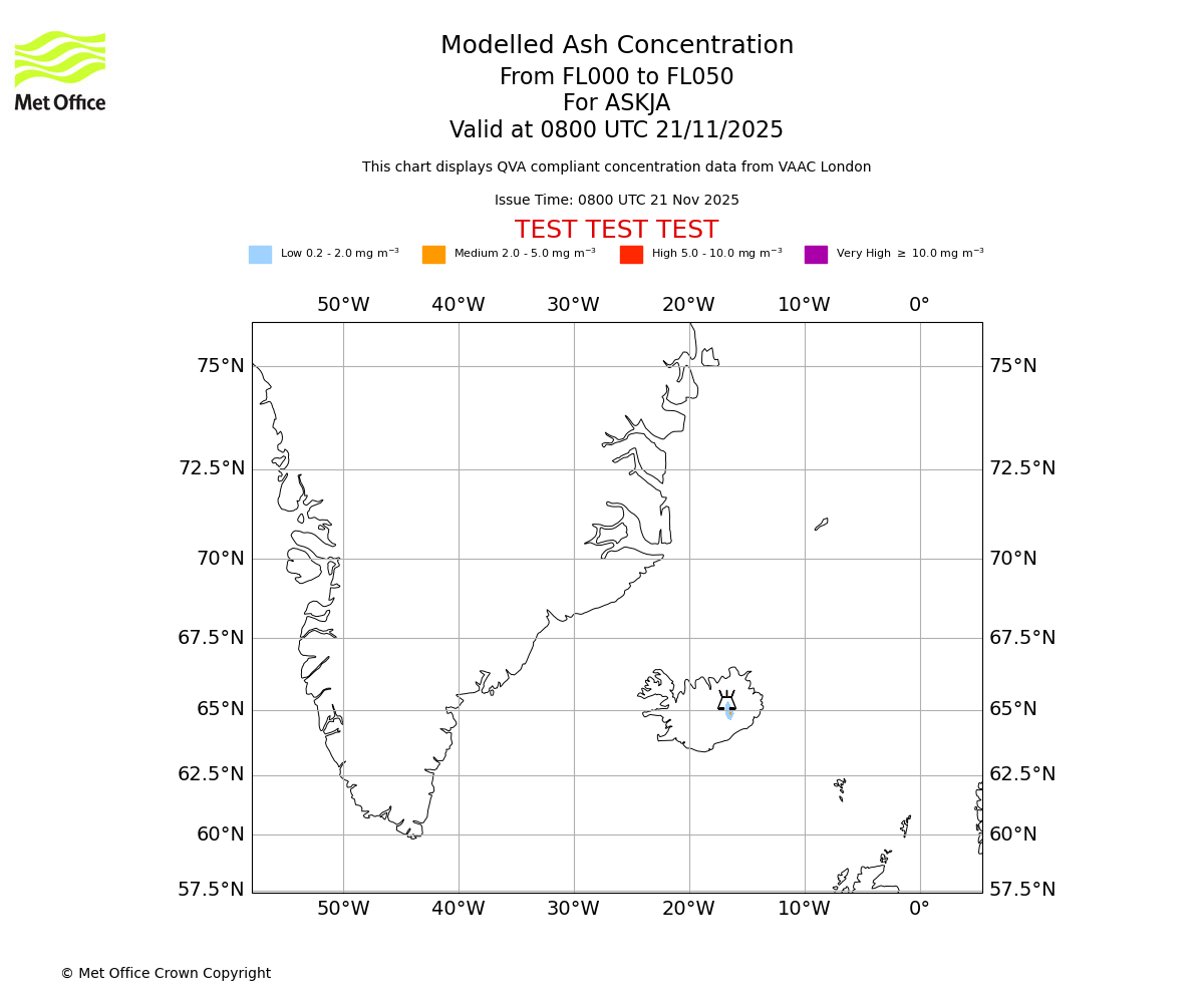 Modelled ash concentration from 000 to 050 for ASKJA. Valid at 0800 UTC 21/11/2025