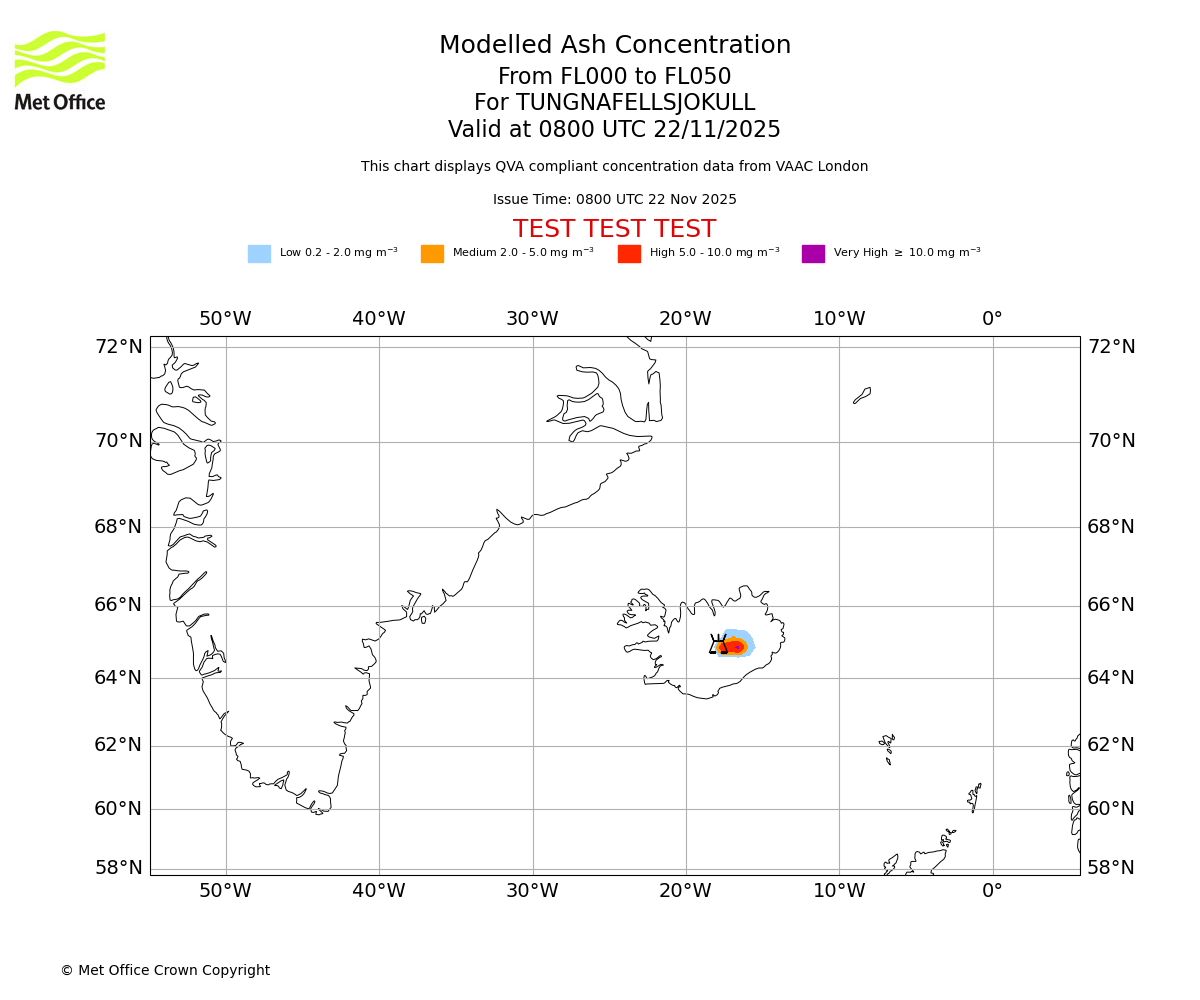 Modelled ash concentration from 000 to 050 for TUNGNAFELLSJOKULL. Valid at 0800 UTC 22/11/2025