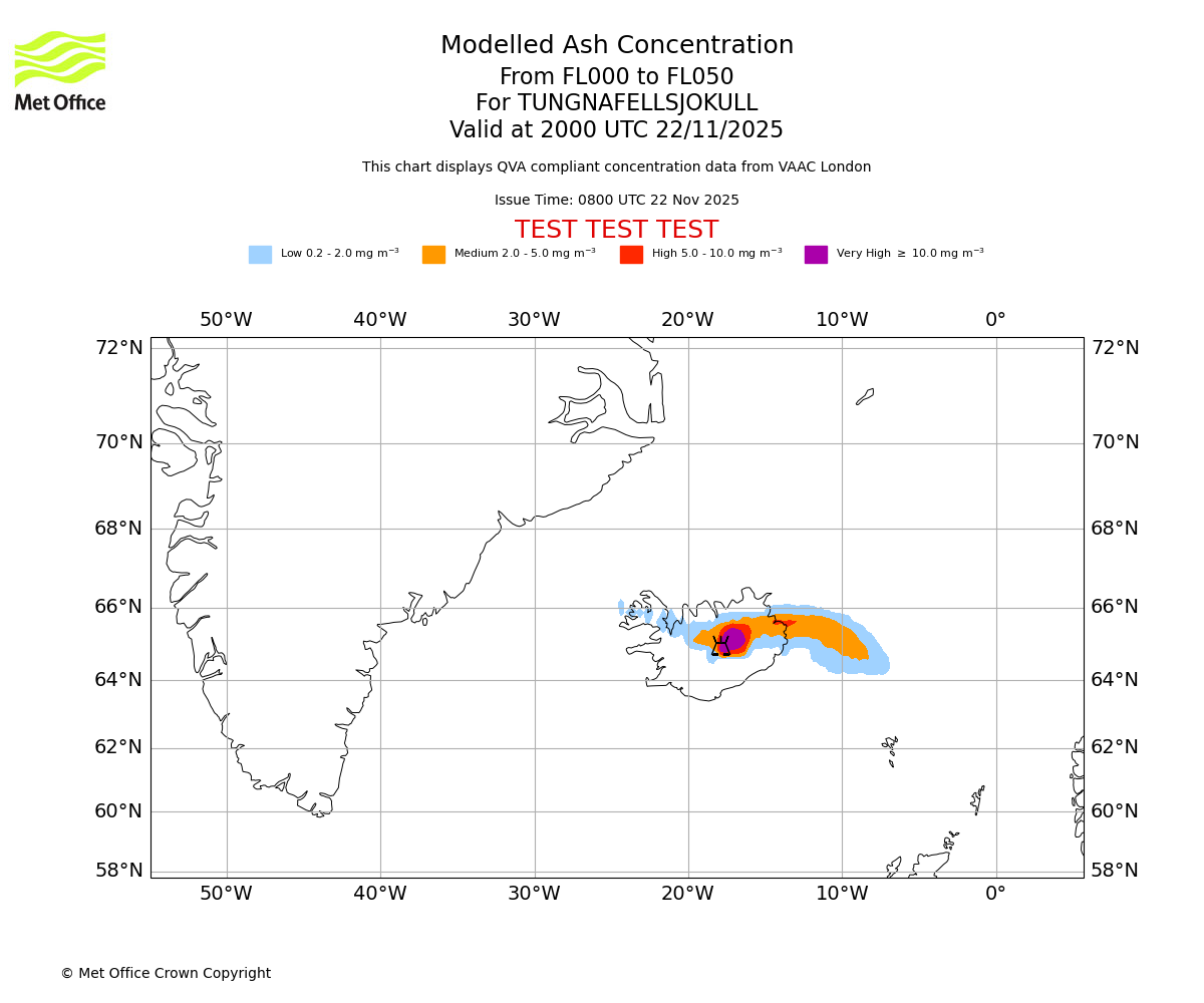 Modelled ash concentration from 000 to 050 for TUNGNAFELLSJOKULL. Valid at 2000 UTC 22/11/2025