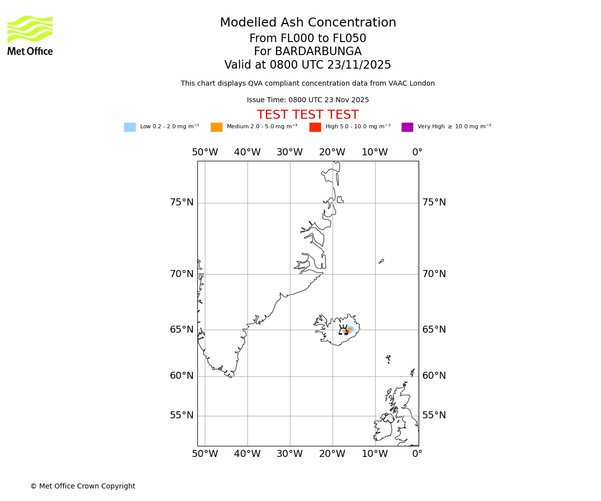 Modelled ash concentration from 000 to 050 for BARDARBUNGA. Valid at 0800 UTC 23/11/2025