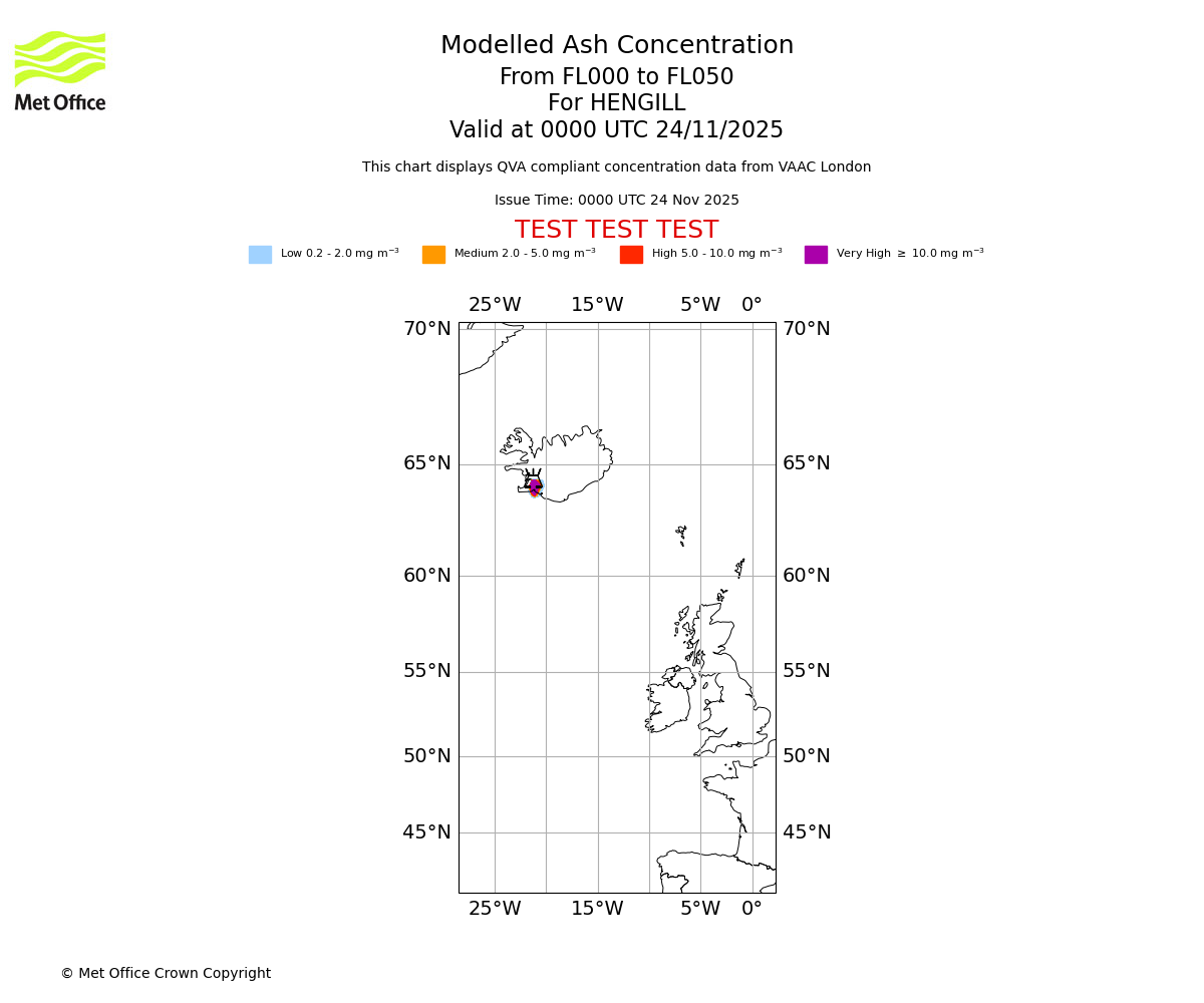 Modelled ash concentration from 000 to 050 for HENGILL. Valid at 0000 UTC 24/11/2025