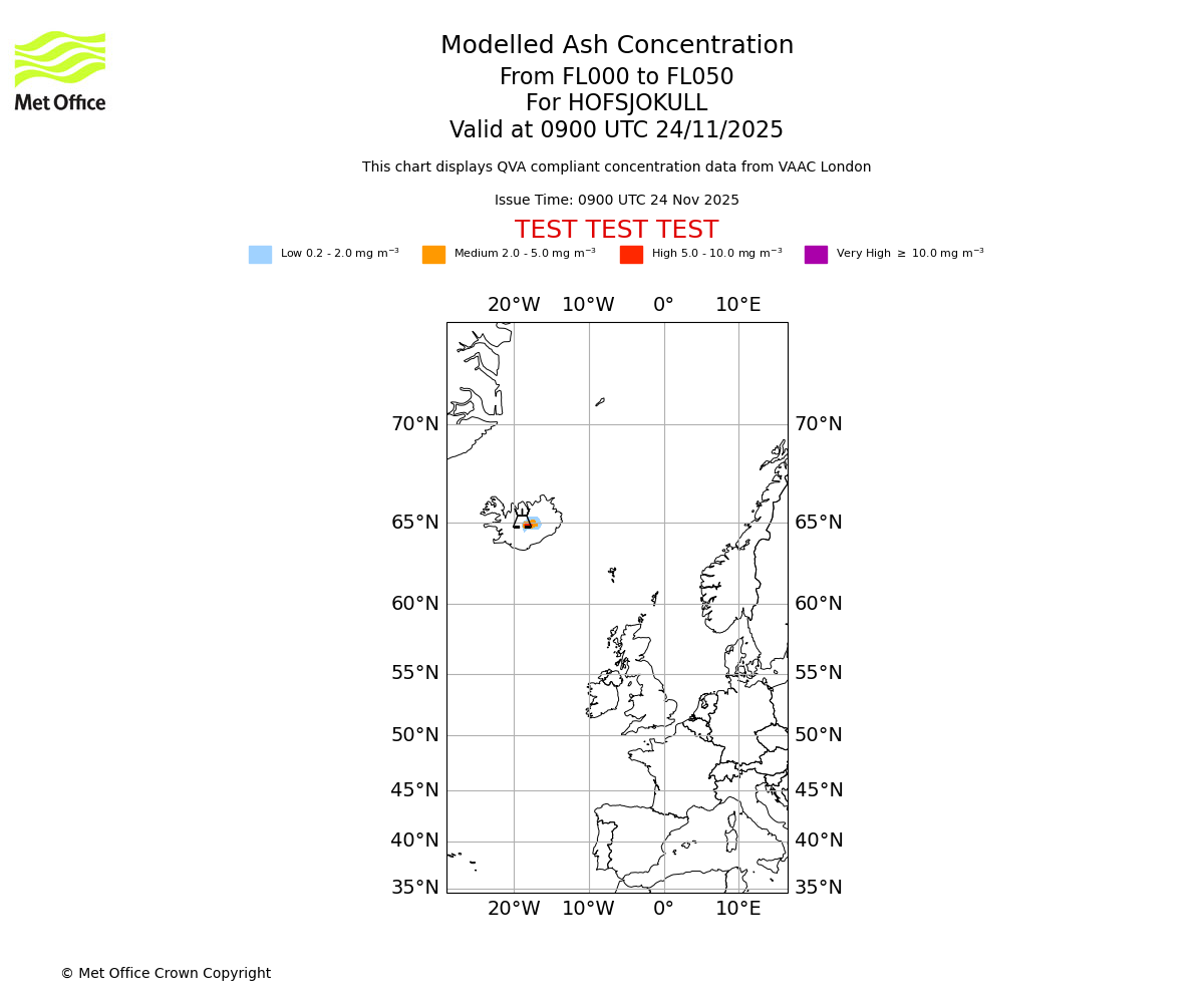 Modelled ash concentration from 000 to 050 for HOFSJOKULL. Valid at 0900 UTC 24/11/2025