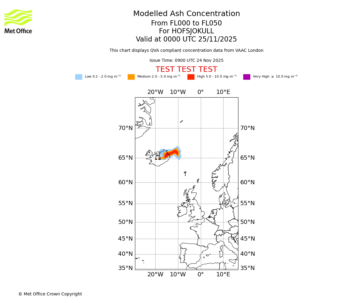 Modelled ash concentration from 000 to 050 for HOFSJOKULL. Valid at 0000 UTC 25/11/2025