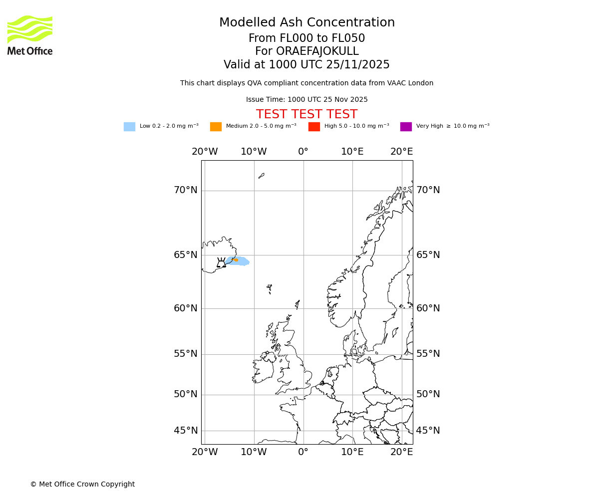 Modelled ash concentration from 000 to 050 for ORAEFAJOKULL. Valid at 1000 UTC 25/11/2025