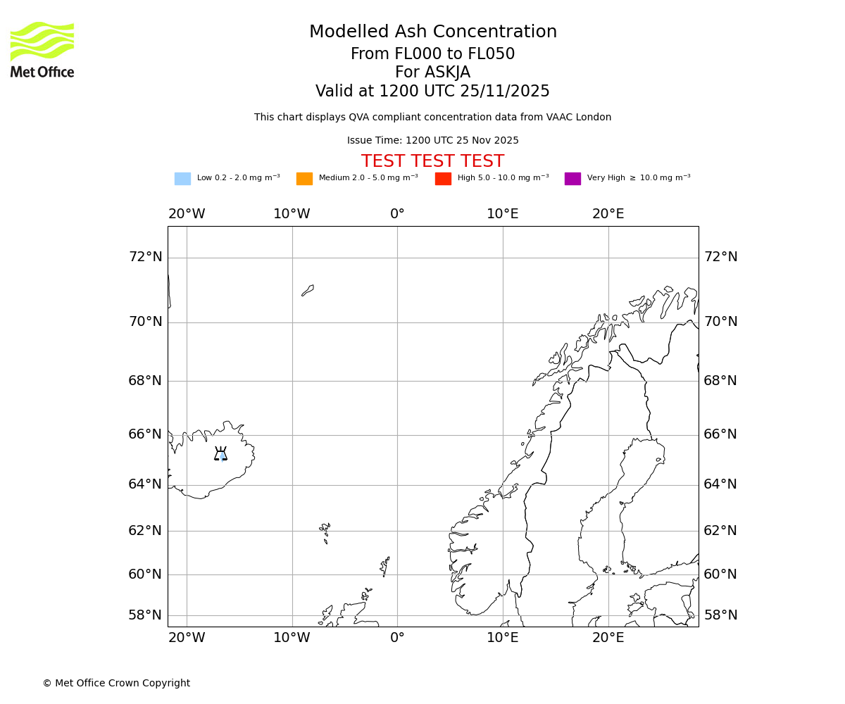Modelled ash concentration from 000 to 050 for ASKJA. Valid at 1200 UTC 25/11/2025