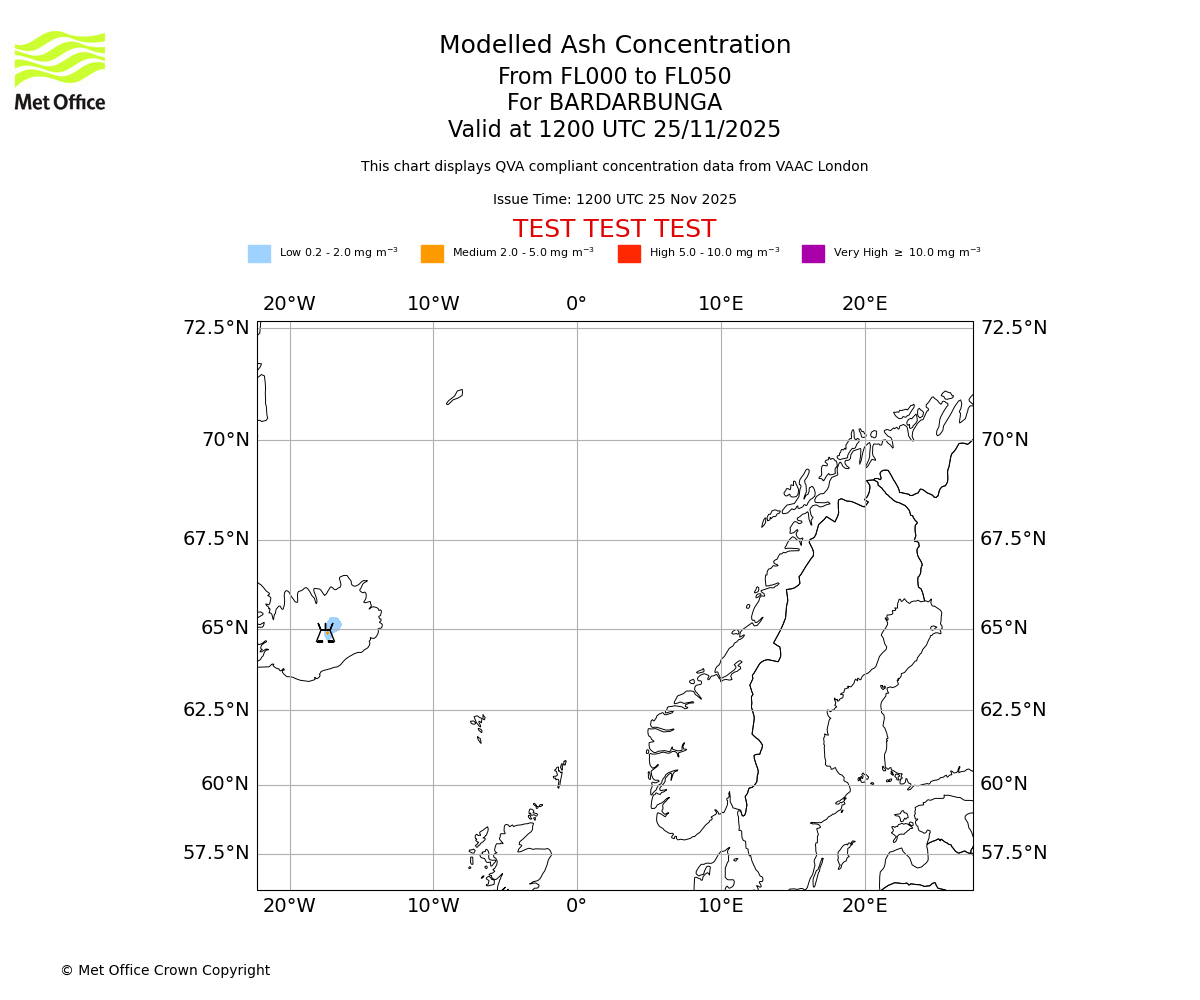 Modelled ash concentration from 000 to 050 for BARDARBUNGA. Valid at 1200 UTC 25/11/2025