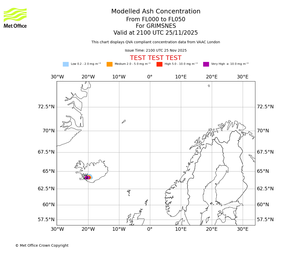 Modelled ash concentration from 000 to 050 for GRIMSNES. Valid at 2100 UTC 25/11/2025