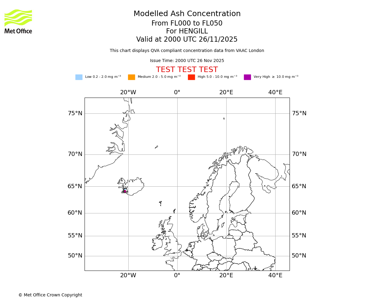 Modelled ash concentration from 000 to 050 for HENGILL. Valid at 2000 UTC 26/11/2025