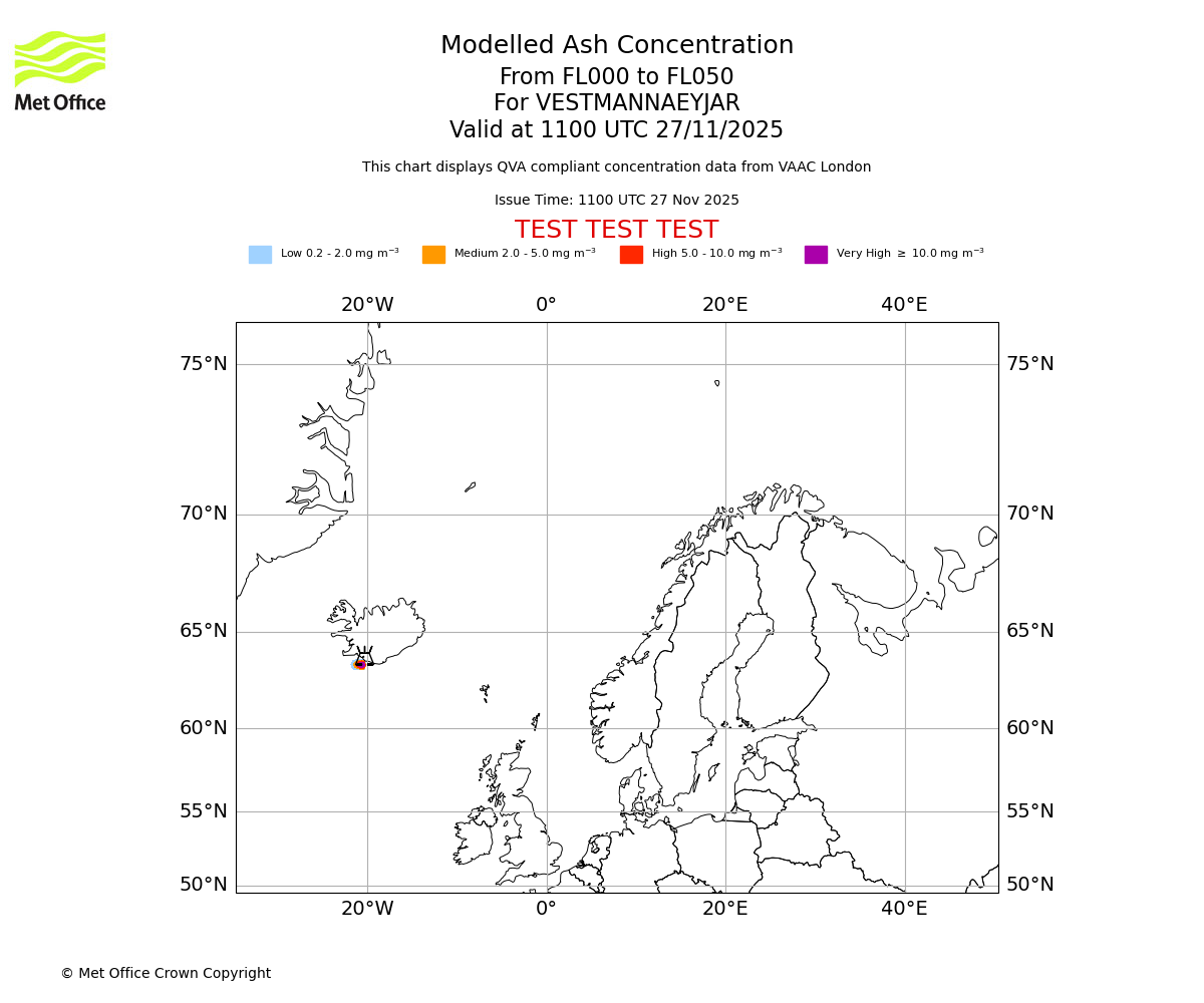 Modelled ash concentration from 000 to 050 for VESTMANNAEYJAR. Valid at 1100 UTC 27/11/2025