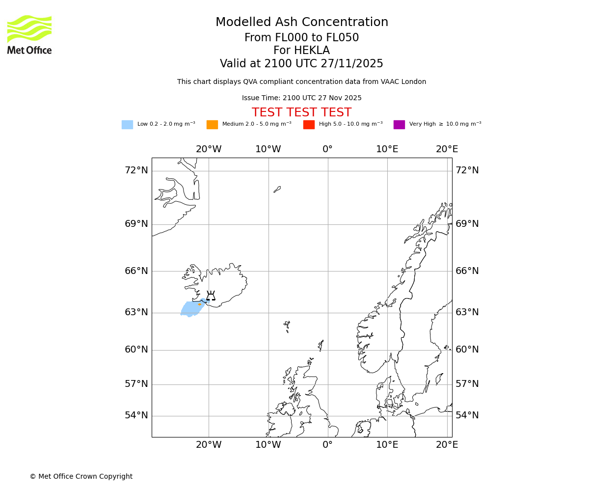 Modelled ash concentration from 000 to 050 for HEKLA. Valid at 2100 UTC 27/11/2025