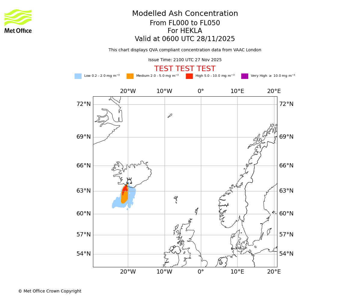 Modelled ash concentration from 000 to 050 for HEKLA. Valid at 0600 UTC 28/11/2025