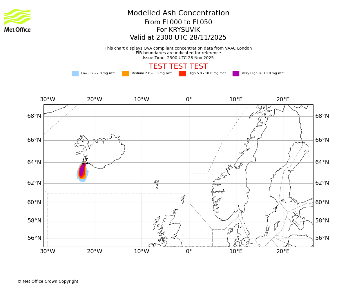 Modelled ash concentration from 000 to 050 for KRYSUVIK. Valid at 2300 UTC 28/11/2025