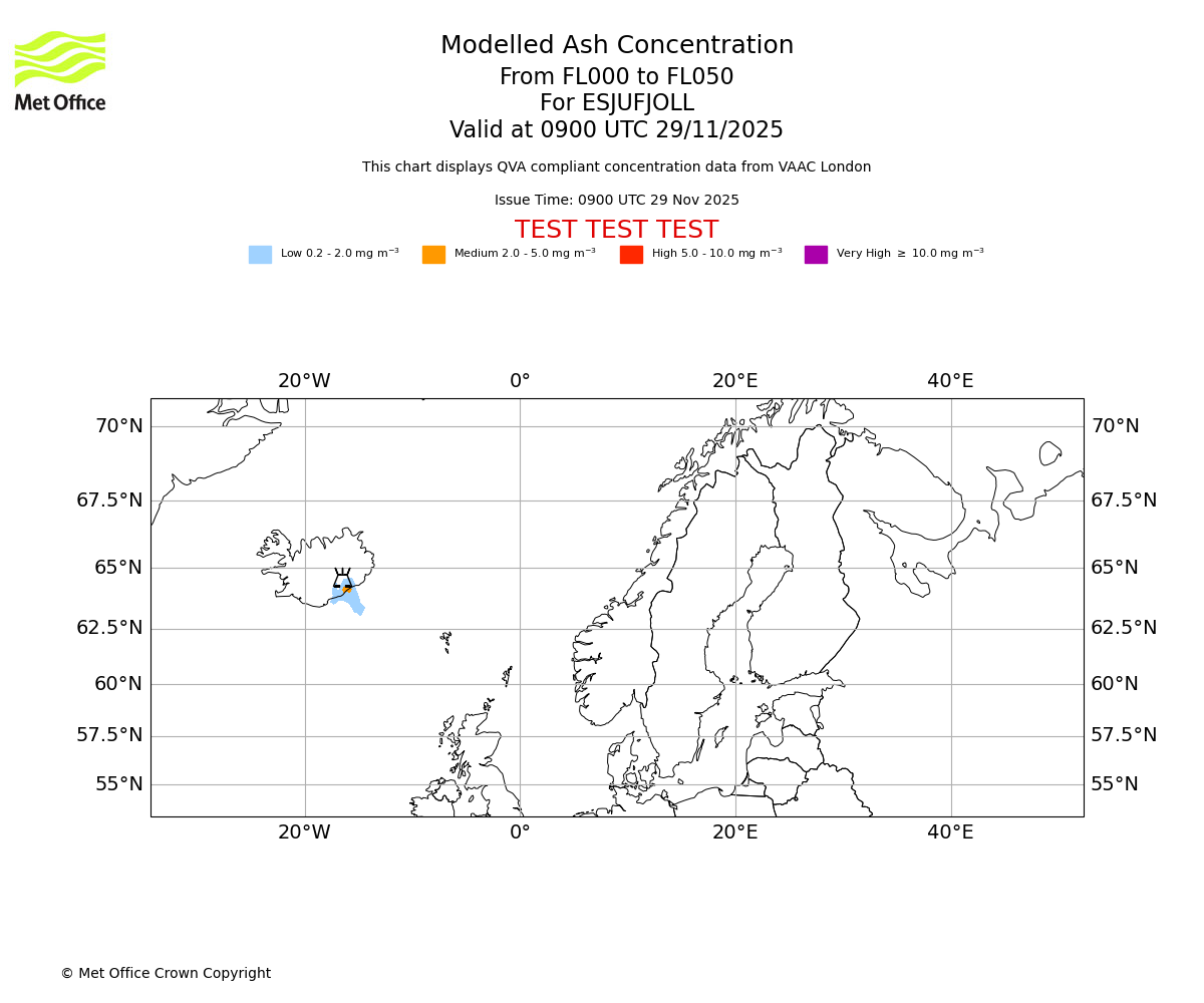 Modelled ash concentration from 000 to 050 for ESJUFJOLL. Valid at 0900 UTC 29/11/2025