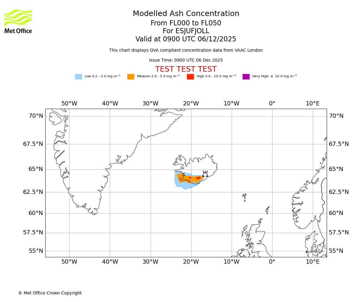 Modelled ash concentration from 000 to 050 for ESJUFJOLL. Valid at 0900 UTC 06/12/2025