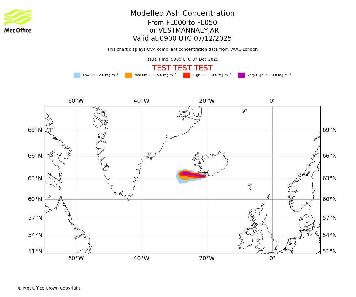 Modelled ash concentration from 000 to 050 for VESTMANNAEYJAR. Valid at 0900 UTC 07/12/2025