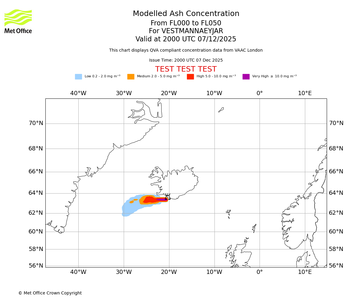 Modelled ash concentration from 000 to 050 for VESTMANNAEYJAR. Valid at 2000 UTC 07/12/2025