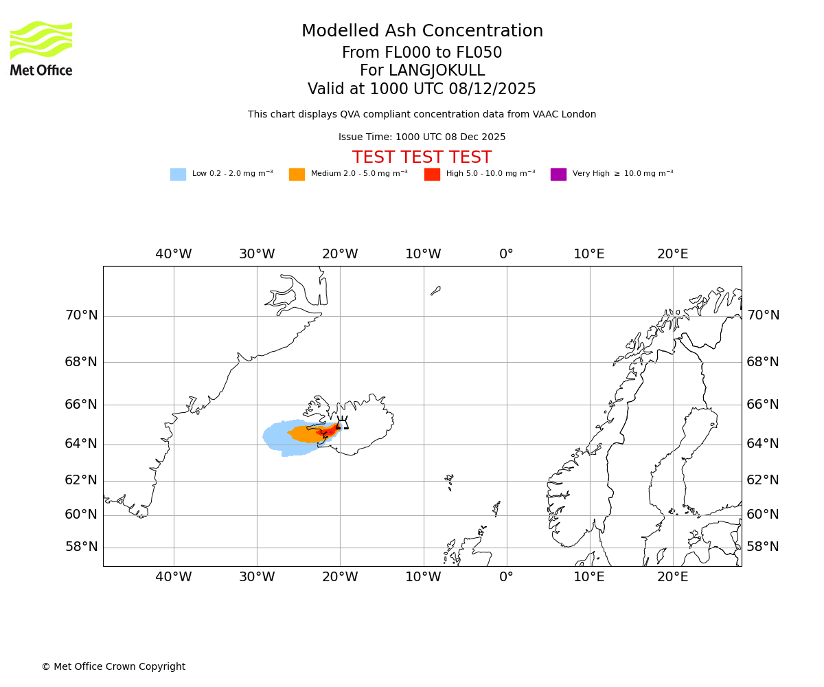 Modelled ash concentration from 000 to 050 for LANGJOKULL. Valid at 1000 UTC 08/12/2025