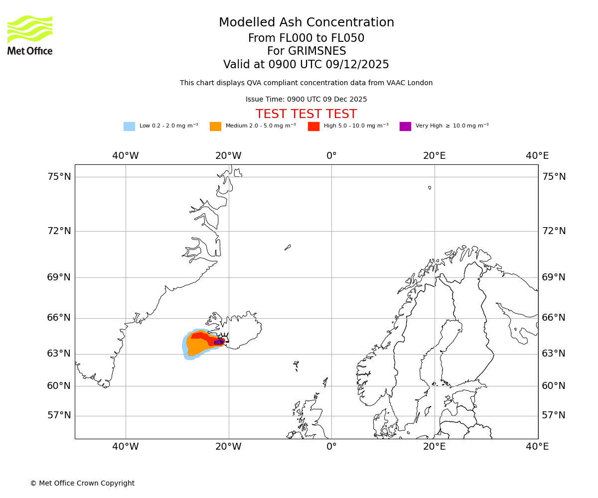 Modelled ash concentration from 000 to 050 for GRIMSNES. Valid at 0900 UTC 09/12/2025