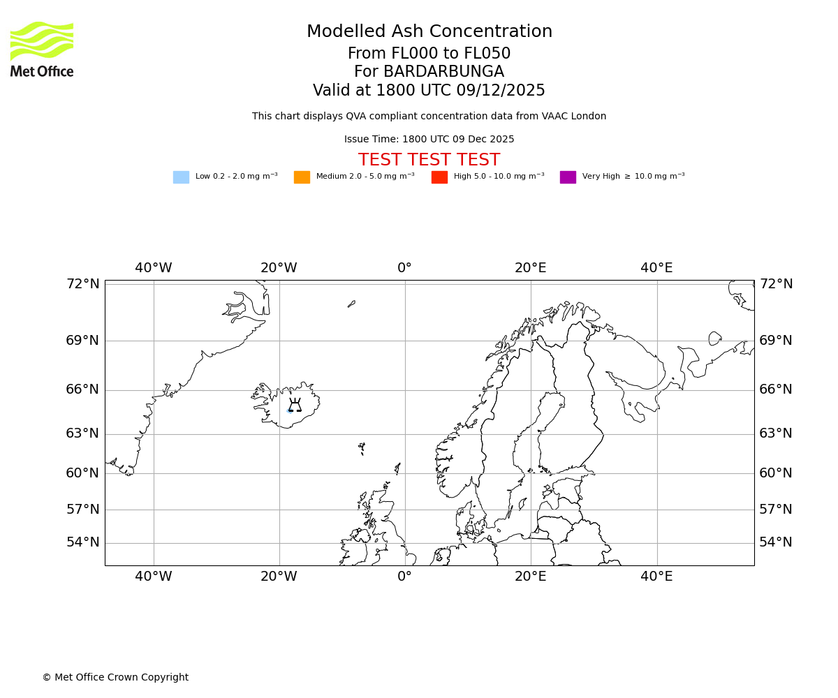 Modelled ash concentration from 000 to 050 for BARDARBUNGA. Valid at 1800 UTC 09/12/2025