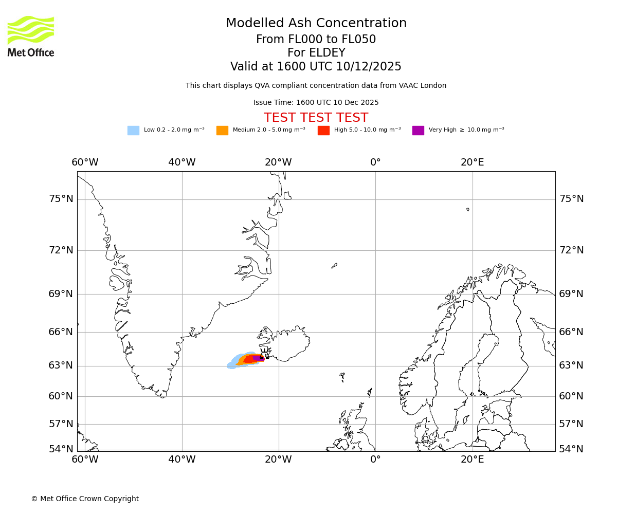 Modelled ash concentration from 000 to 050 for ELDEY. Valid at 1600 UTC 10/12/2025