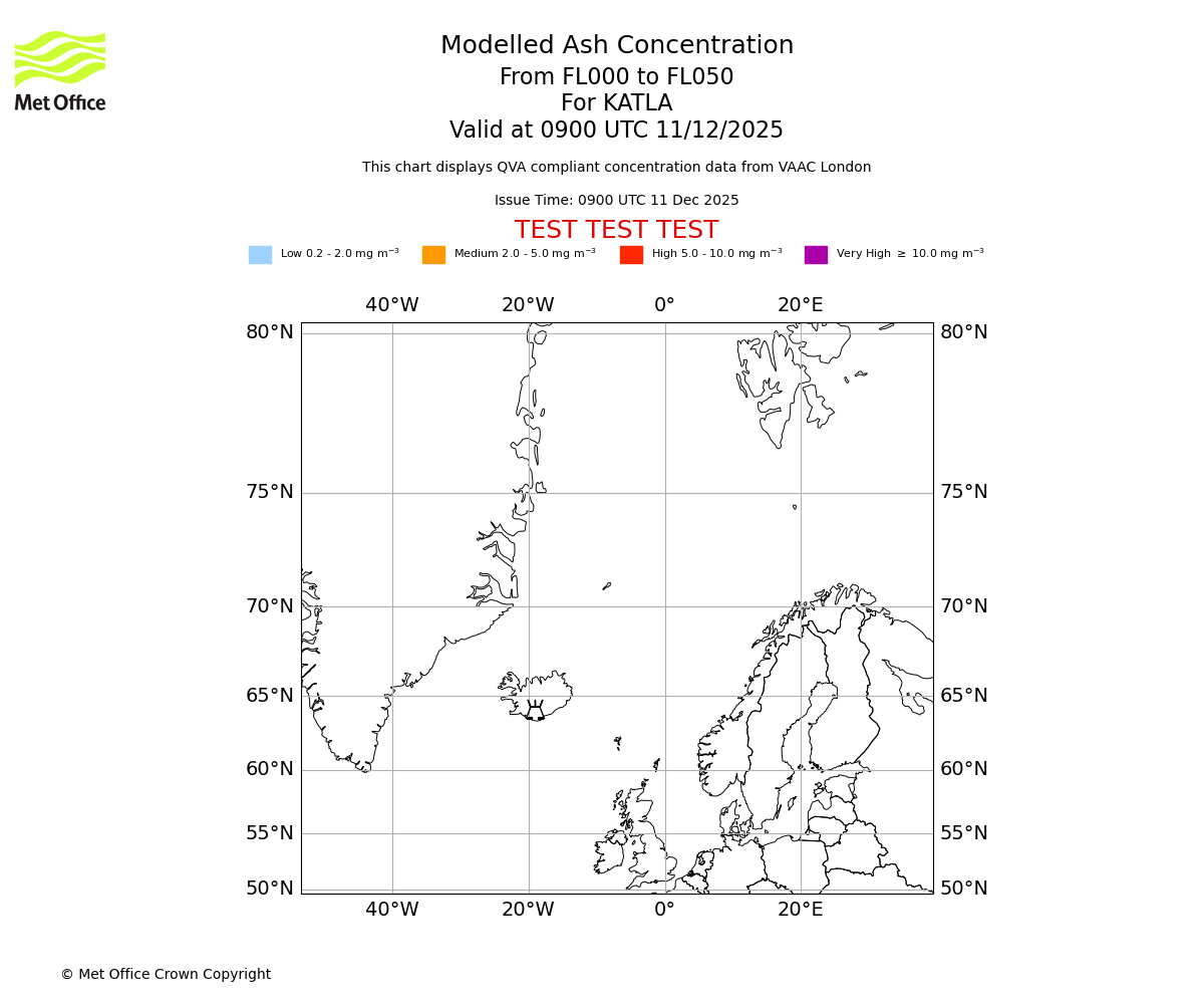 Modelled ash concentration from 000 to 050 for KATLA. Valid at 0900 UTC 11/12/2025