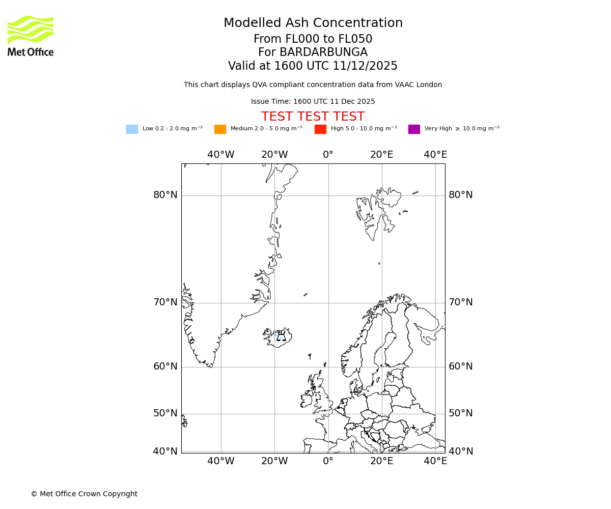 Modelled ash concentration from 000 to 050 for BARDARBUNGA. Valid at 1600 UTC 11/12/2025