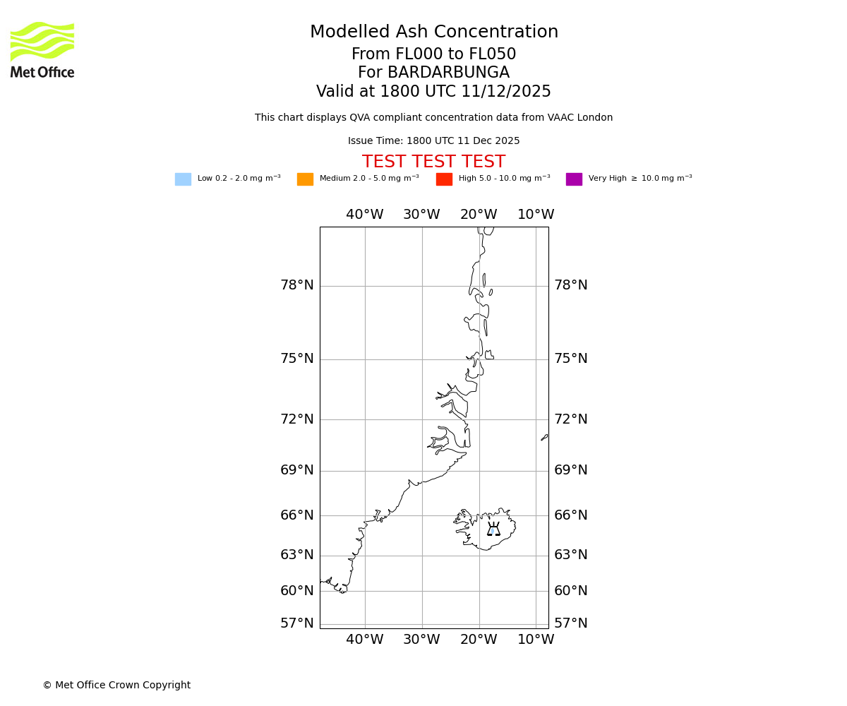 Modelled ash concentration from 000 to 050 for BARDARBUNGA. Valid at 1800 UTC 11/12/2025