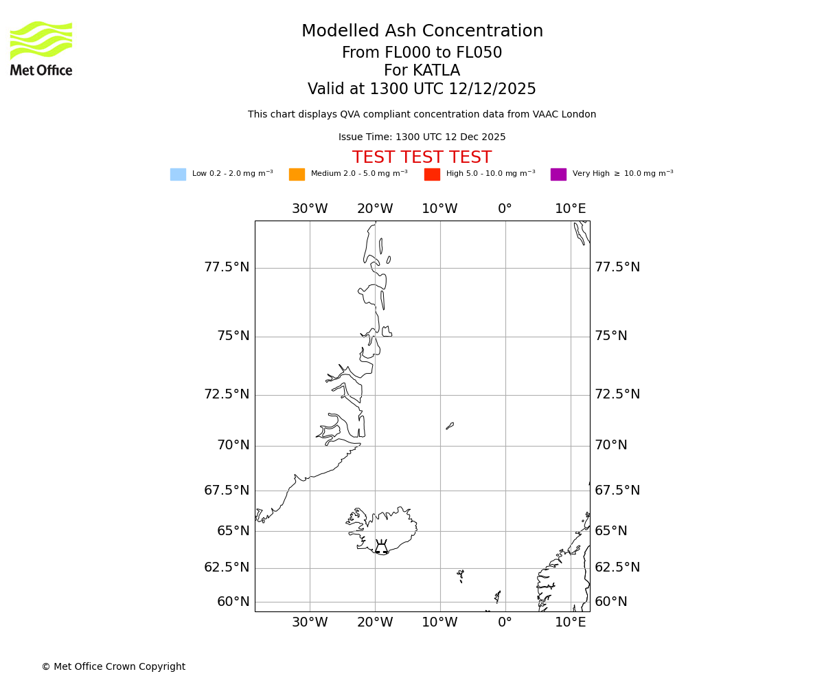 Modelled ash concentration from 000 to 050 for KATLA. Valid at 1300 UTC 12/12/2025