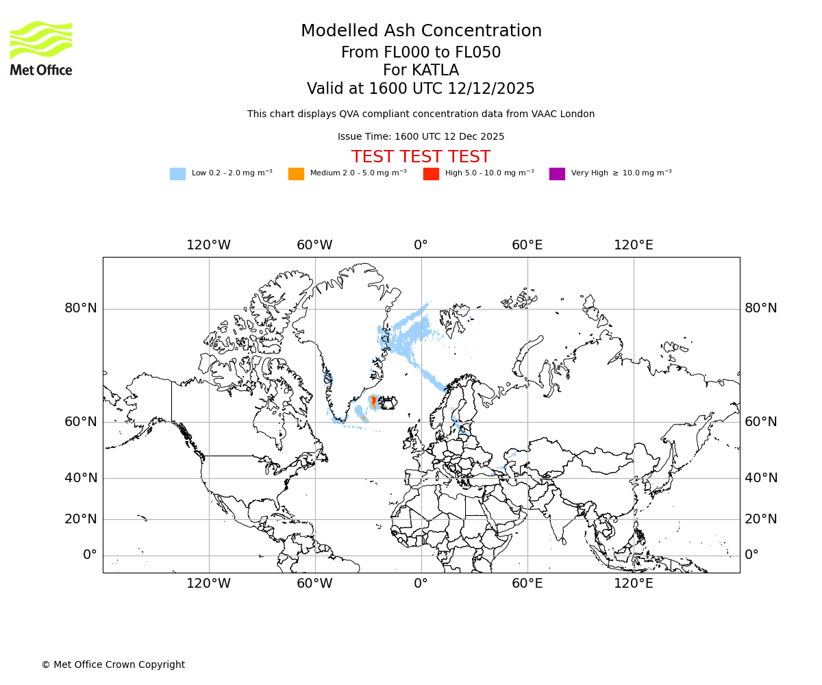 Modelled ash concentration from 000 to 050 for KATLA. Valid at 1600 UTC 12/12/2025