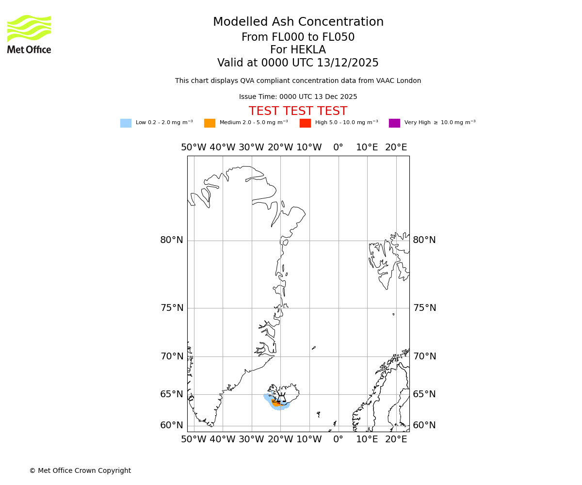 Modelled ash concentration from 000 to 050 for HEKLA. Valid at 0000 UTC 13/12/2025