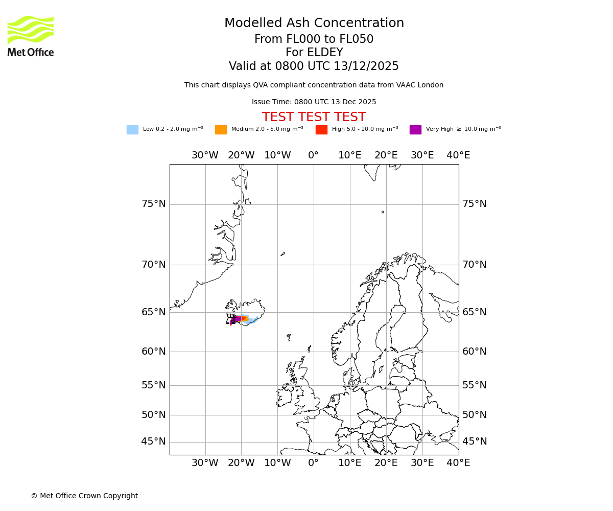 Modelled ash concentration from 000 to 050 for ELDEY. Valid at 0800 UTC 13/12/2025