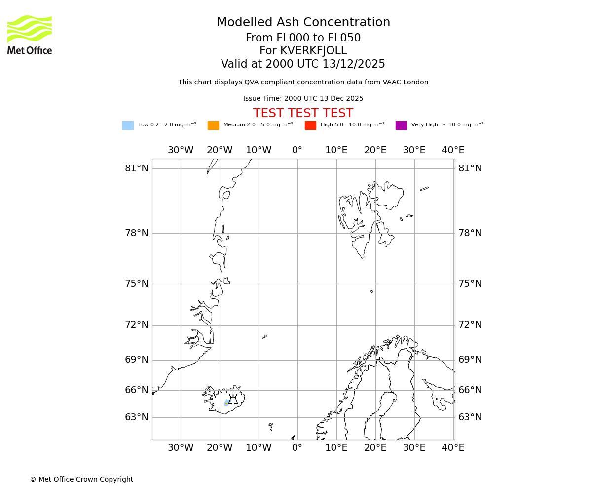 Modelled ash concentration from 000 to 050 for KVERKFJOLL. Valid at 2000 UTC 13/12/2025