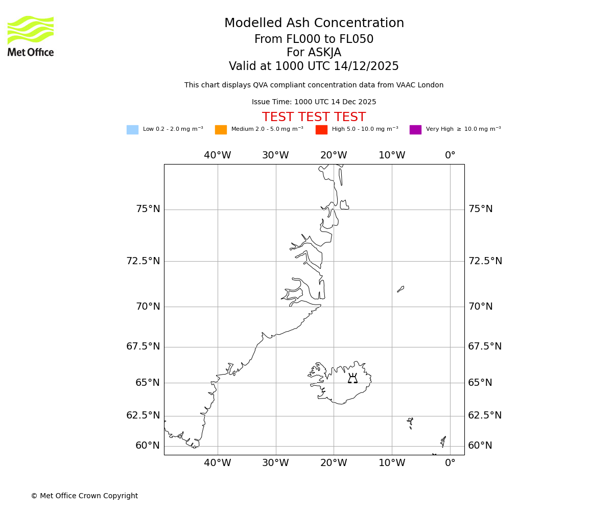 Modelled ash concentration from 000 to 050 for ASKJA. Valid at 1000 UTC 14/12/2025