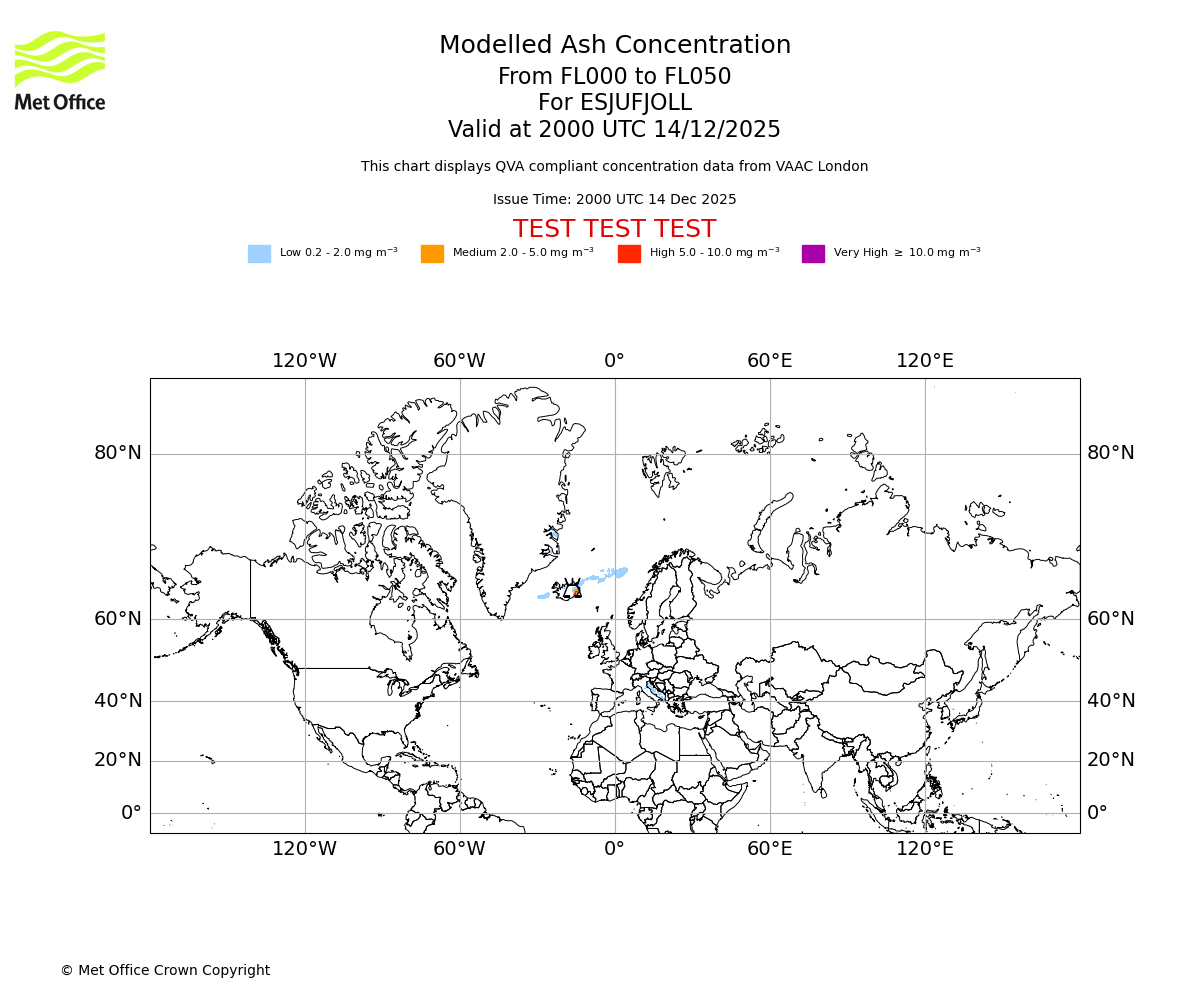 Modelled ash concentration from 000 to 050 for ESJUFJOLL. Valid at 2000 UTC 14/12/2025