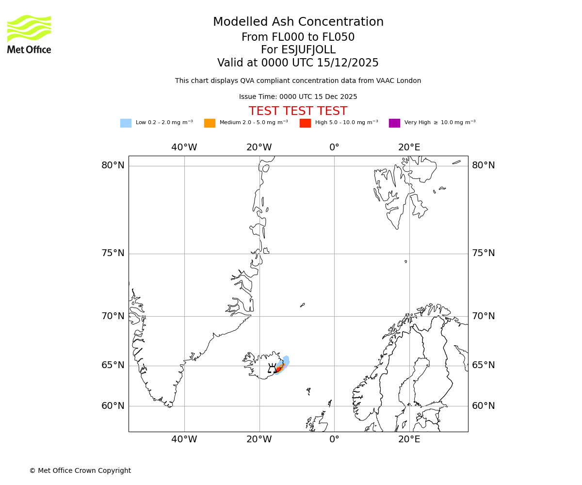 Modelled ash concentration from 000 to 050 for ESJUFJOLL. Valid at 0000 UTC 15/12/2025