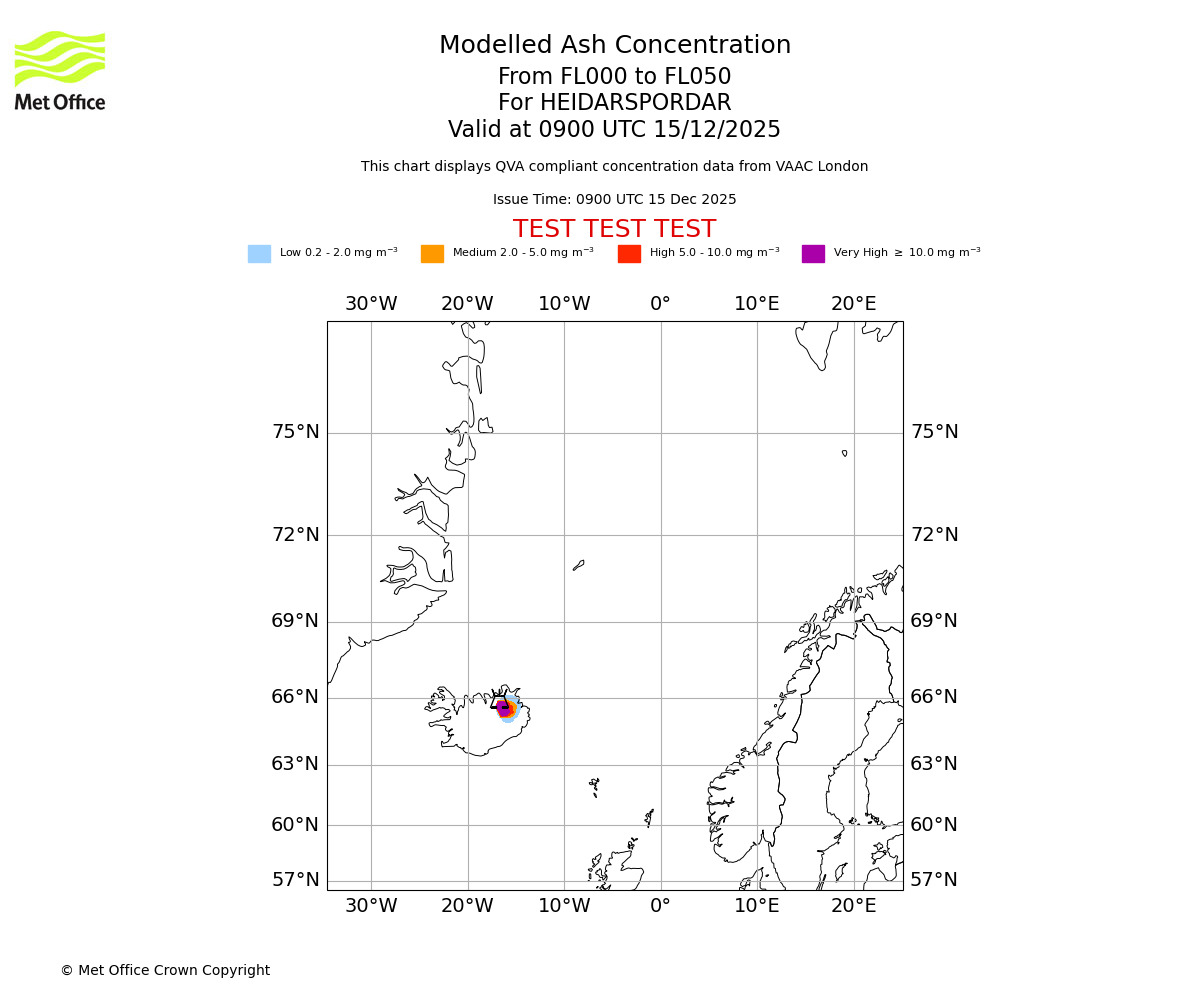 Modelled ash concentration from 000 to 050 for HEIDARSPORDAR. Valid at 0900 UTC 15/12/2025