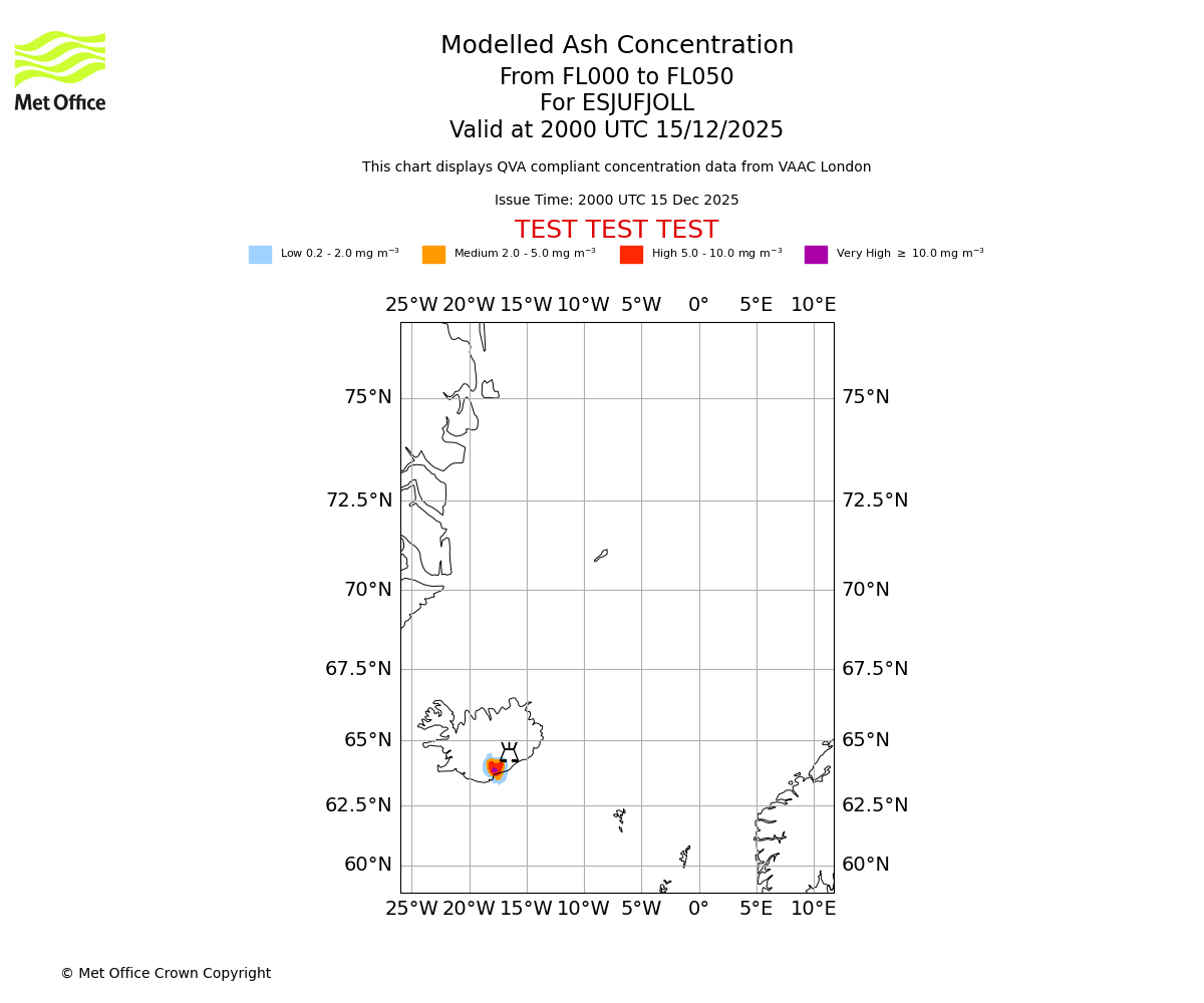 Modelled ash concentration from 000 to 050 for ESJUFJOLL. Valid at 2000 UTC 15/12/2025