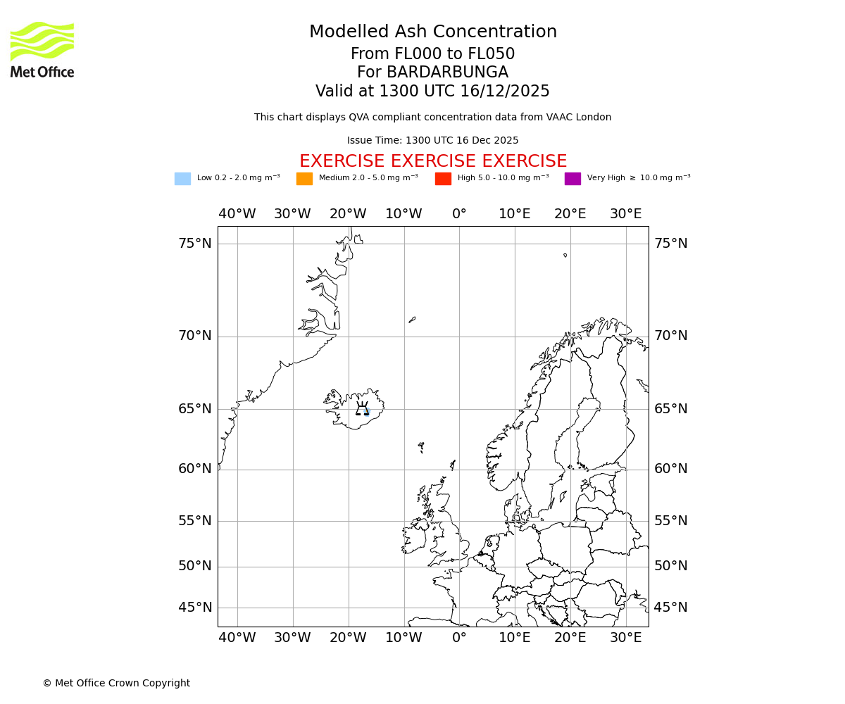 Modelled ash concentration from 000 to 050 for BARDARBUNGA. Valid at 1300 UTC 16/12/2025