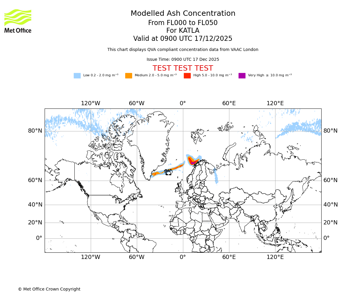 Modelled ash concentration from 000 to 050 for KATLA. Valid at 0900 UTC 17/12/2025