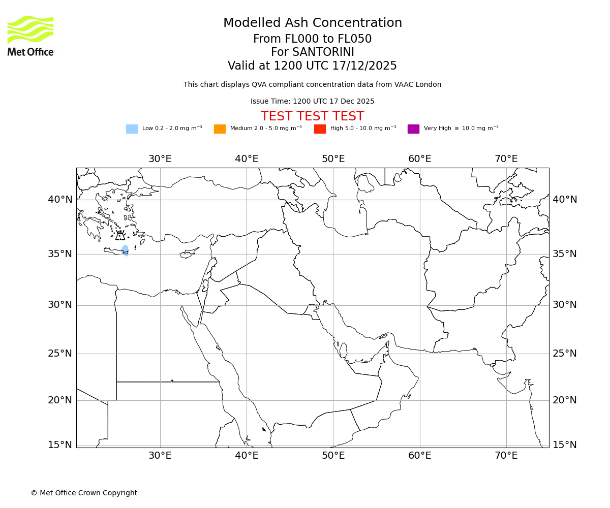 Modelled ash concentration from 000 to 050 for SANTORINI. Valid at 1200 UTC 17/12/2025
