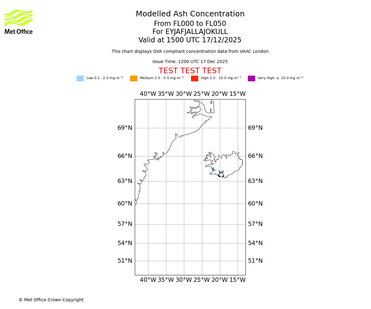 Modelled ash concentration from 000 to 050 for EYJAFJALLAJOKULL. Valid at 1500 UTC 17/12/2025