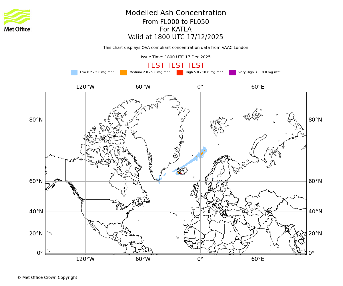 Modelled ash concentration from 000 to 050 for KATLA. Valid at 1800 UTC 17/12/2025